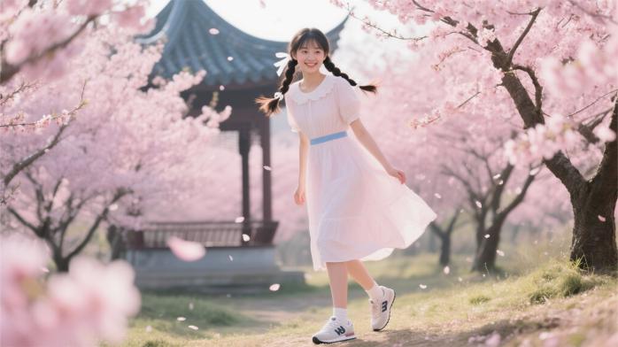 双马尾少女桃花写真